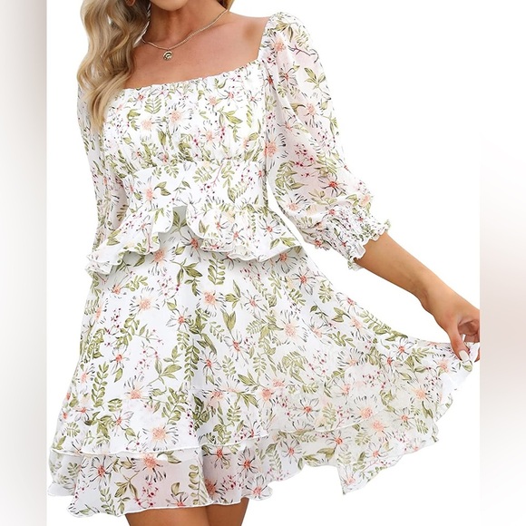 EXLURA Womens Floral Ruffle Sun Dress Sundress Tiered Square Neck Long Sleeve M. - Picture 3 of 10